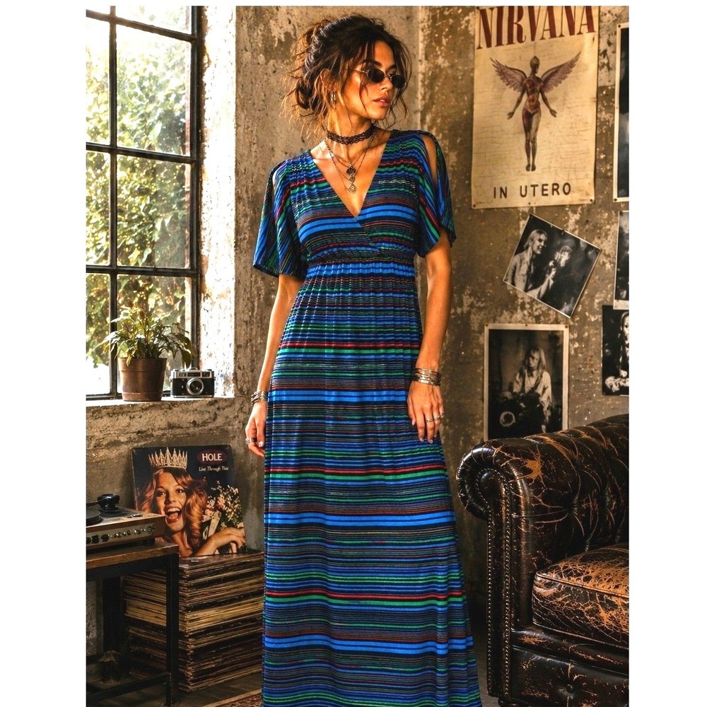 Vintage Y2K Striped Cold Shoulder Maxi Dress Cyber Grunge Indie Sleaze Womens M